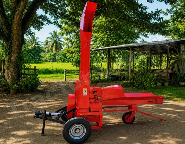 Red forage chopper with a tall vertical discharge chute mounted on a trailer, outdoors in a rural yard.