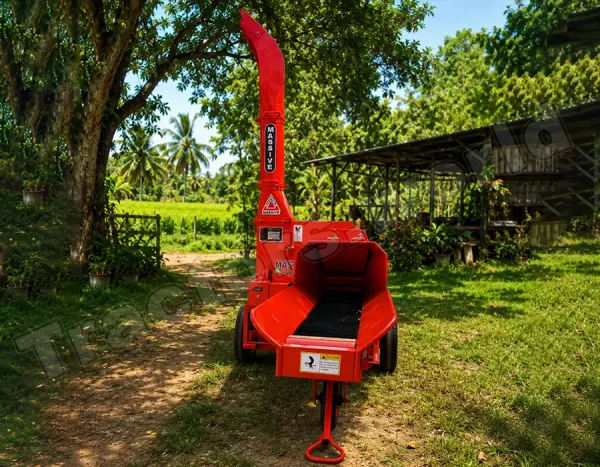 Red wood chipper on a trailer in a sunny yard with palm trees and a wooden shed nearby.